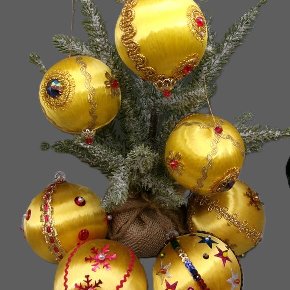 7 Gold Push Pin Christmas Ornaments, Satin Beaded Sequins, Vintage Handmade - Picture 2 of 10